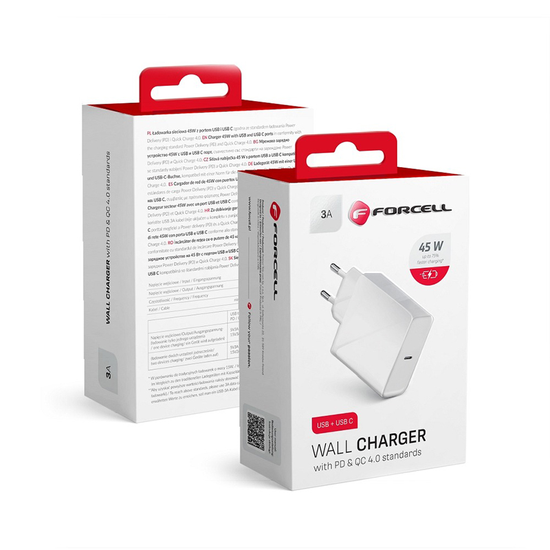 Φορτιστής Σπιτιού Forcell Quick Charger 4.0 PD USB Type-C 3A 45W (TFK-TC-45WPD) - Άσπρο