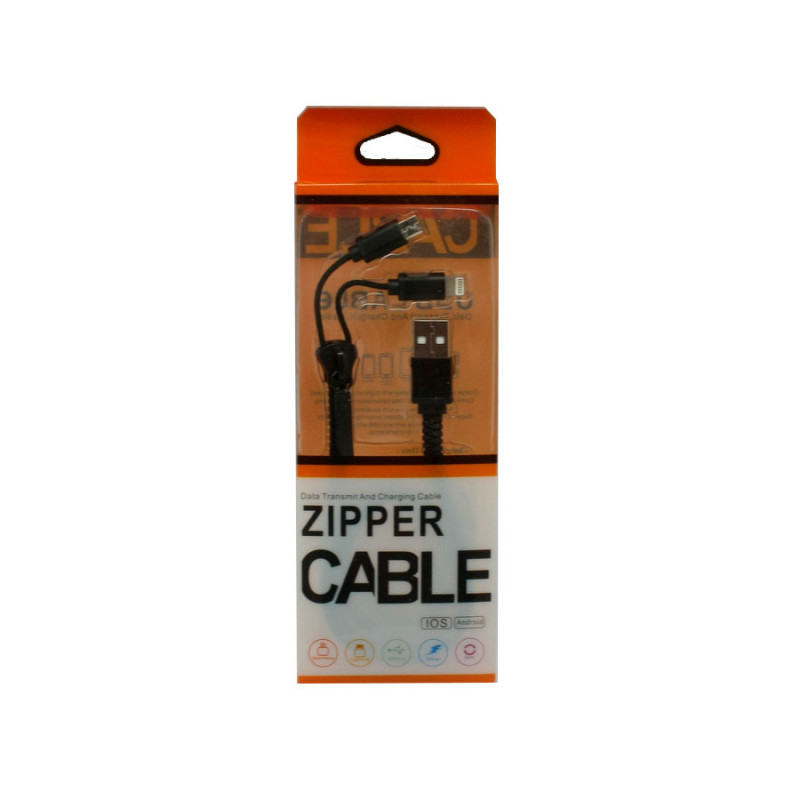 Καλώδιο Φόρτισης και Μεταφοράς Δεδομένων Zipper 2 Σε 1 USB / Lighting - Μαύρο 1m