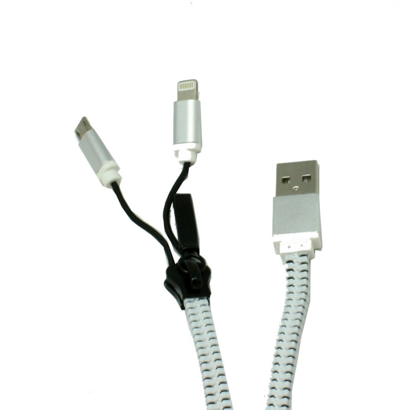 Καλώδιο Φόρτισης και Μεταφοράς Δεδομένων Zipper 2 Σε 1 USB / Lighting Άσπρο 1m